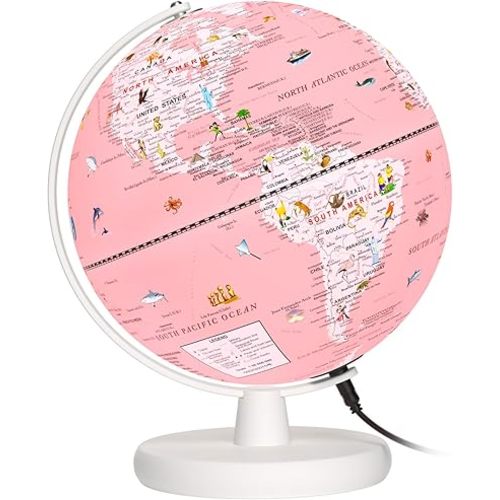 9'' Illuminated Globe for Children - Wood Stand Kids Globe with 100+ Fun Illustrations - Desk World Globe for Kids Learning Built-in LED Night Light Girls Room Decor Birthday Gifts, Pink
