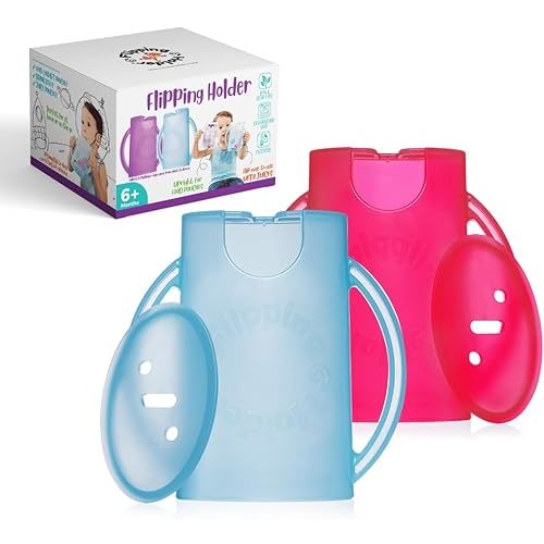 Flipping Holder Squeeze Proof Food Pouch Holder for Toddlers, Babies, Kids, Mess Free No Squeeze Juice Box Drink and Applesauce Snack Holder with Easy Grip Handles and Lid