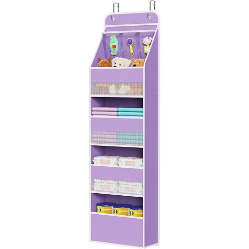 Univivi 5-Shelf Fabric Door Storage Over Door Hanging Organizer with 4 Large Pockets and 3 Small PVC Pockets Nursery Closet Cabinet Wall Mount Hanging Storage Organizers for Baby Nursery (Purple)