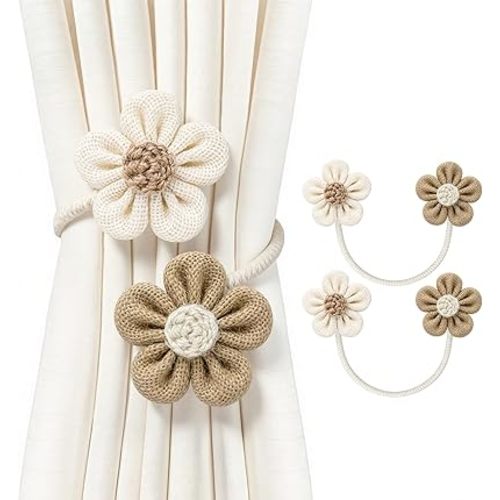 VIS'V Curtain Tiebacks, Twisted Boho Flower Curtain Holdbacks, Cream and Khaki, 2 Pcs