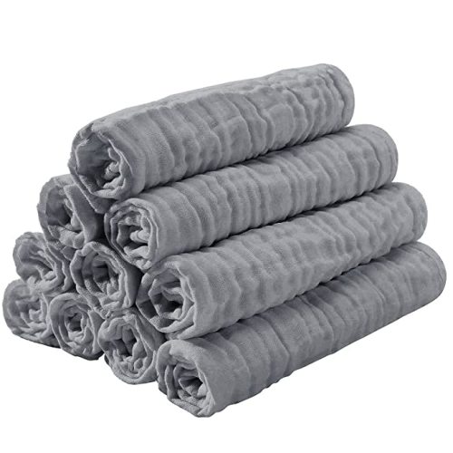 Muslin Burp Cloths for Baby 10 Pack 100% Cotton Baby Washcloths Large 20''X10'' Super Soft and Absorbent by Yoofoss - Gray