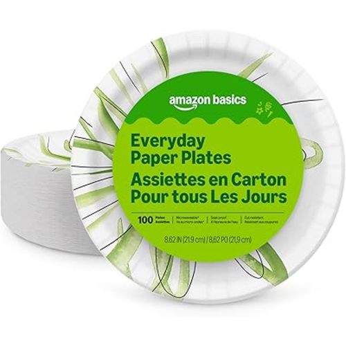 Amazon Basics Everyday Disposable Paper Plates, 8.62 Inch, Microwave-Safe, Cut Resistant, Soak-Proof, 100 Count, Packaging May Vary
