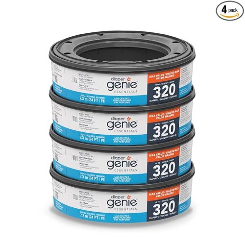 Diaper Genie Essentials Round Refill Pack of 4 | Holds Up to 1280 Newborn Diapers | Features Unscented Continuous Film | Compatible with Diaper Genie Complete and Expressions Pails