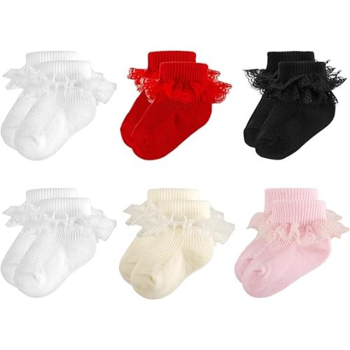 Baby Girl Ruffle Socks Eyelet Double Lace Turn Cuff Ankle Frilly Dress Socks for Newborn/Infant/Toddler/Little Kids