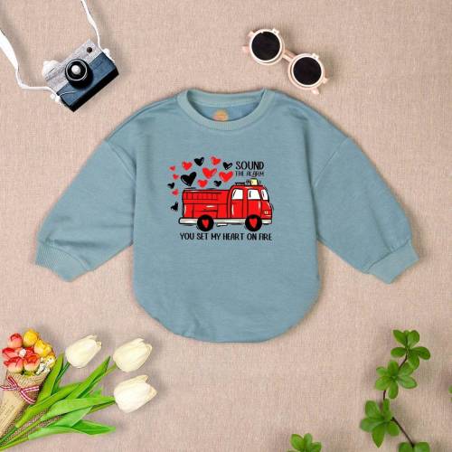 Firetruck Baby Romper Sweatshirt, Valentine's Day Toddler Outfit, Fire Truck Graphic Bodysuit, Heart Design Kids Pullover, Baby Shower Gift