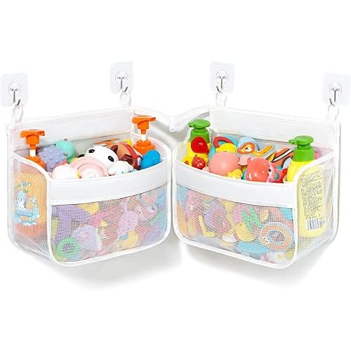 Multipurpose Bath Toy Holder for Bathtub - Corner & Wall Mount Tub Toy Storage Organizer, White Mesh Bath Toy Organizer Dries Fast, Holds Baby Bath Toys & Bath Wash