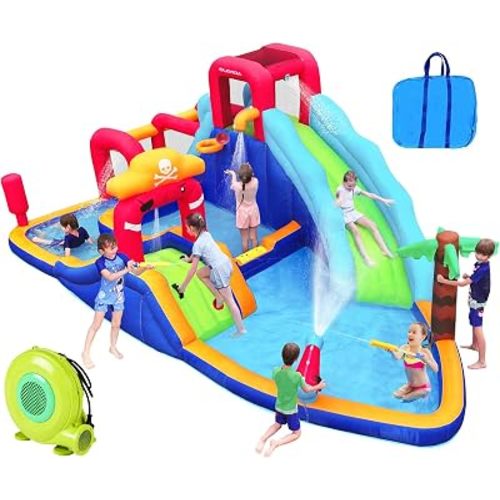 ELEMARA Inflatable Water Slide Bounce House, 10 in 1 Inflatable Water Park with Blower, 2 Slides & 2 Climbing Walls & 2 Water Guns, Deep Pool Giant Splash Pool, Water Slides for Kids Backyard for 6