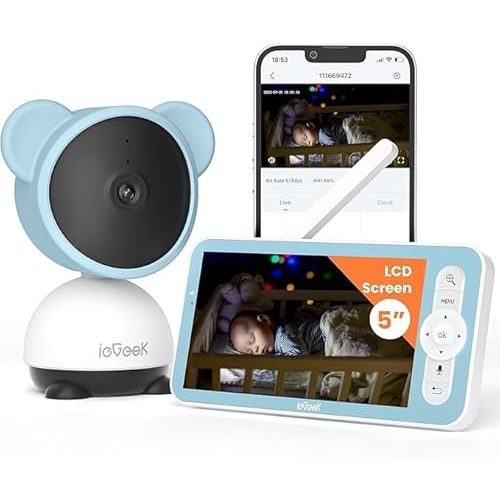 ieGeek 1080p Baby Monitor with Night Vision, 5" LCD Screen&Phone App Control, PTZ, 3000mAh Battery, Automatic Tracking, Cry&Motion Detection, Feeding Reminder, 2 Way Audio, Baby Gift