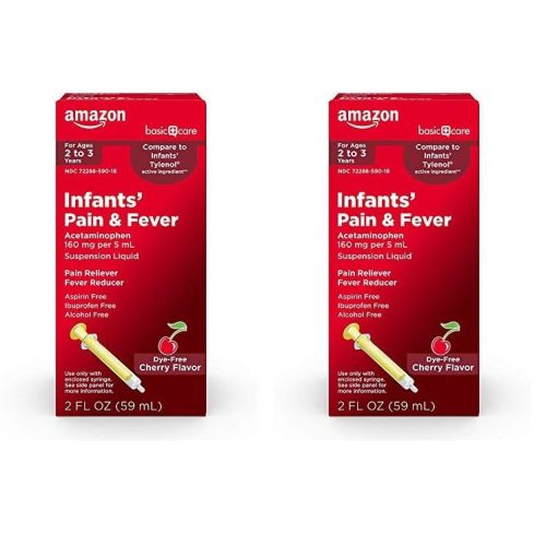 Amazon Basic Care Infants' Pain & Fever, Acetaminophen 160 mg per 5 mL, Suspension Liquid, Dye-Free Cherry Flavor, 2 fl oz (Pack of 2)
