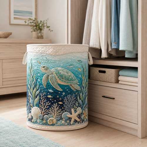 Sea Turtle Quilted Laundry Basket, Ocean Nursery Hamper, Coastal Storage Bin, Underwater Decor, Marine Life Toy Organizer Gift Idea
