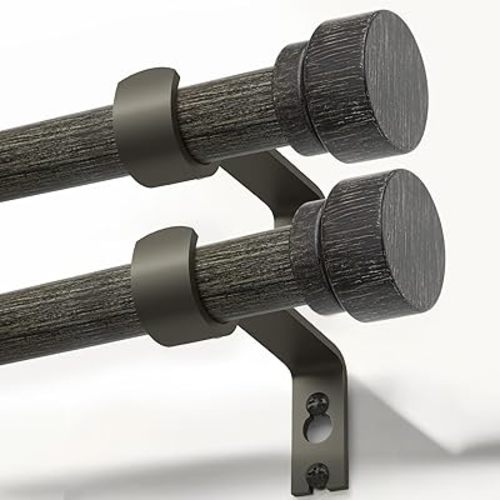 2 Pack Black Walnut Wood Curtain Rods for Windows 28 to 48 Inches 1" Diameter Heavy Duty Window Curtain Rod Adjustable with Handmade Wood Grain Design for Living Room Bedroom Kitchen Farmhouse Outdoor