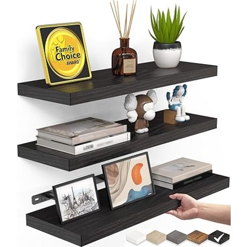 BAYKA Floating Shelves for Wall, Wall Mounted Rustic Wood Shelves for Bathroom, Bedroom, Living Room, Kitchen, Hanging Shelf for Books/Storage/Room Decor with 22lbs Capacity (Black, Set of 3, 15.7in)