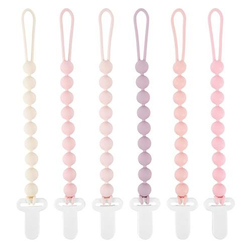 Pacifier Clips Baby Girl, 6 Pack One Piece Flexible Soft Binky Clips Silicone Pacifier Holder Clip for Girls, Baby Girl Newborn Essentials