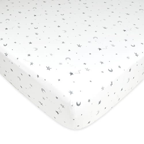 TL Care Fitted Crib Sheet 28" x 52", Soft Breathable Neutral 100% Cotton Jersey Sheet, Stars and Moons, for Boys and Girls, Fits Crib and Toddler Bed mattresses