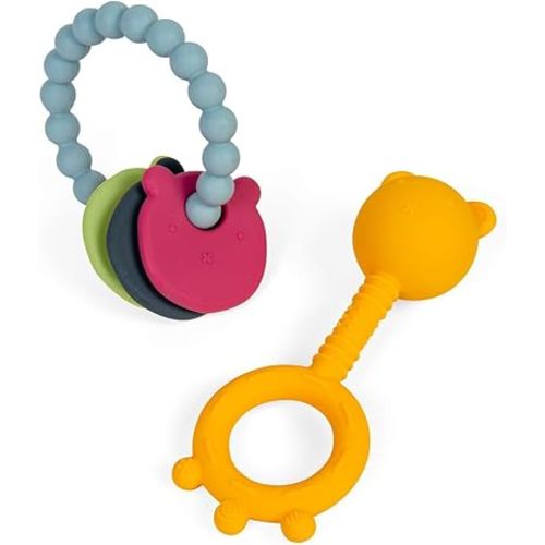 Bigjigs Toys Bear Teether Set - 2 Pieces Teething Relief Toys & Rattle For Babies, Made of 100% Silicone, Eco-friendly Newborn Gifts, Age 0 Months +