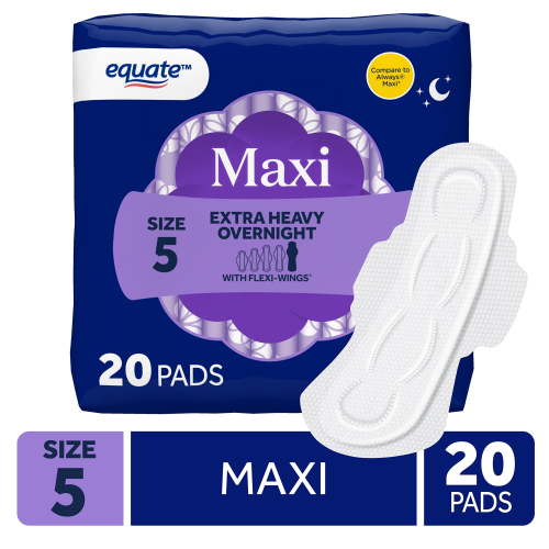 Equate Maxi Pads with Flexi-Wings, Extra Heavy Overnight Absorbency, Size 5, 20 Count HSA/FSA Eligible
