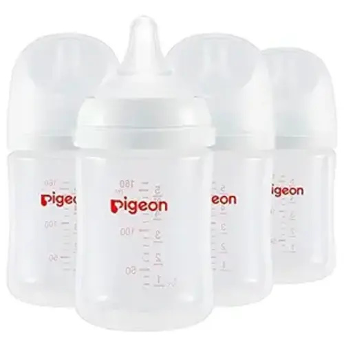Pigeon PP Nursing Bottle Wide Neck, Anti-Colic, Streamlined Body, Natural Feel, Easy to Clean, 5 Oz (Pack of 4), Includes 4pcs SS Nipples (0m+)