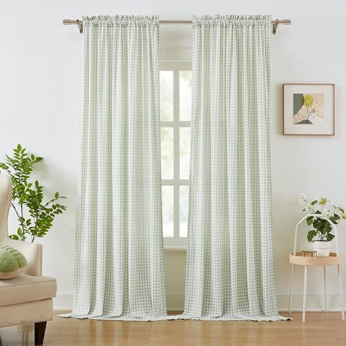 ZJDECOR Sage Green White Buffalo Plaid Curtains 84 Inches Long,Crinkled Not-See-Through Sheer Rod Pocket Drapes,Rustic Window Treatment for Nursery Living Room,Tiebacks Included,52" Wx84 L(Pack of 2)