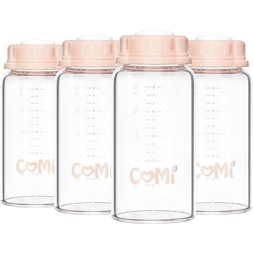 COMI Natural Glass Baby Bottle,Standard Neck Breastmilk Storage Bottle for Fridge,Breast Milk Container,Breast Pump Bottle Compatible with Medela Breast Pump,BPA Free,4PCS(5oz,4 Pink Lids)