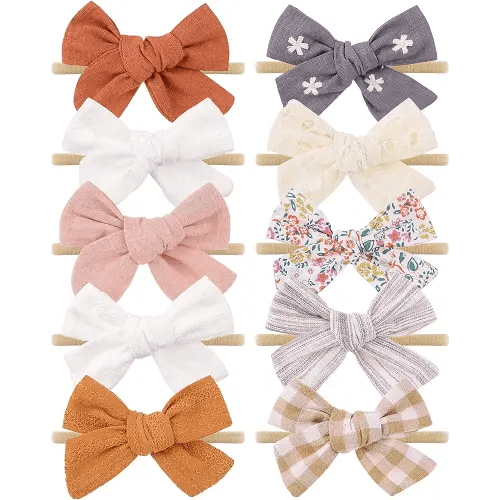 doboi 10PCS Baby Girls Headbands Hair Bows Nylon Linen Hairbands Handmade Hair Accessories for Newborn Infant Toddlers Little Girl and Kids 3.5Inches