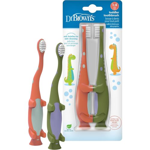 Dr. Brown's Toddler Toothbrush, Green and Orange Dinos, Ages 1-4, 2-Pack