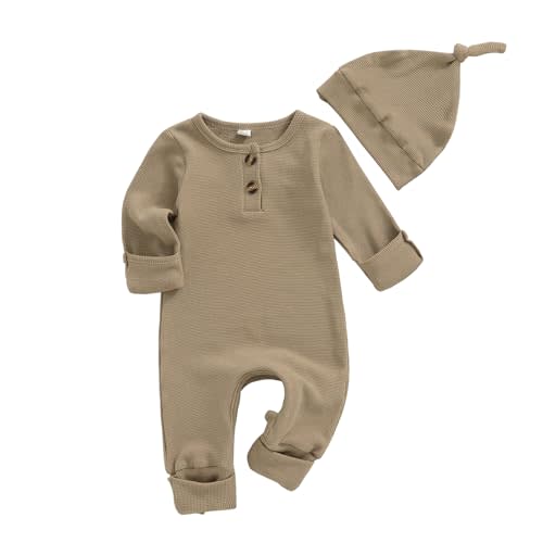 Infant Boys Girls Clothes Set Newborn Baby Romper Hat Ribbed Knit Long Sleeve Button Solid Bodysuit Jumpsuit