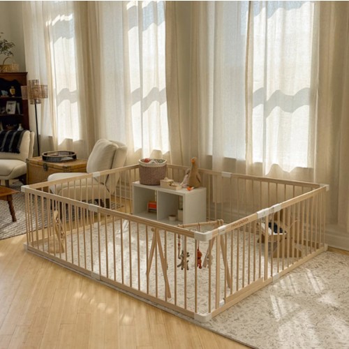 HARPPA Wooden Baby Gate Playpen | Non-Toxic Foldable DIY Adjustable Play Yard for Infants & Toddlers – Natural Finish Baby Fence for Small & Large Spaces