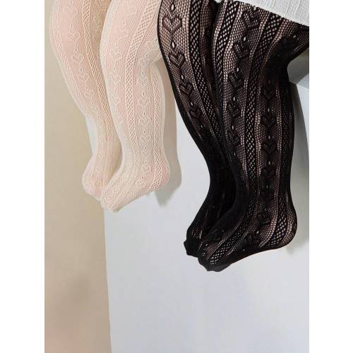 2 Pairs/Pack Infant Girls' Black/Nude Full Heart Hollow Out Breathable Mesh Tights, Suitable For Daily Life Or Outfits | SHEIN USA