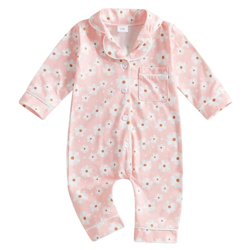 Balaflyie Baby Girl Button Down Pajamas Romper One-Piece Jumpsuit Long Sleeve Sleeper Infant Sleepwear