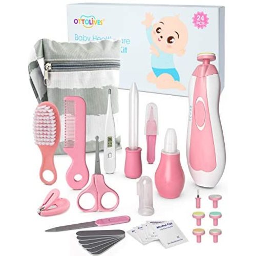 OTTOLIVES Baby Healthcare and Grooming Kit, 24 in 1 Baby Electric Nail Trimmer Set Newborn Nursery Health Care Set for Newborn Infant Toddlers Baby Boys Girls Kids Haircut Tools (0-3 Years+) (Pink)