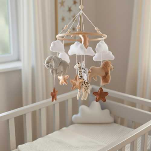 Safari Baby Mobile for Crib, Jungle Theme Nursery Decor, Animals Felt Mobile, Giraffe Elephant Lion Zebra, Baby Shower Gift, Boho Mobile