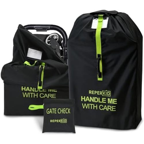 reperkid Medium Stroller Bag for Airplane Travel, Black & Green, 42" H x26 W x13 D, Fits Most Single Strollers Incl. Jogging & Standard Models – Premium Waterproof Cover, Adjustable Shoulder Straps