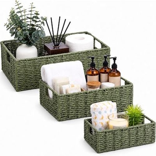 Set of 3 Wicker Storage Basket for Organizing Paper Rope Shelf Baskets Small Wicker Basket with Handles Nested Shelf Organizer Baskets for Closet and Pantry Shelves(Green)