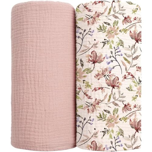 lulumoon Muslin Swaddle Blankets for Baby: Soft Cotton Newborn Receiving Blankets - Floral Print Nursery Gift Set for Baby Girls(Sand Flower)