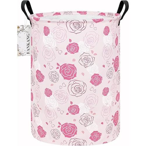 FANKANG Storage Basket, Nursery Hamper Canvas Laundry Basket Foldable with Waterproof PE Coating Large Storage Baskets for Kids Boys and Girls, Office, Bedroom, Clothes,Toys(Pink roses)