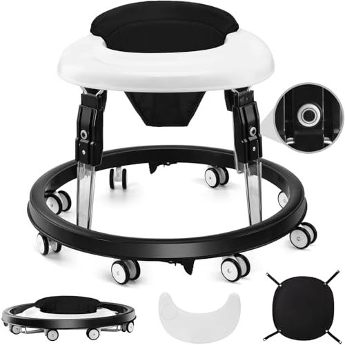 Wnttmt Baby Walker with Wheels, One-Touch Folding Anti-Roll 8-Wheel Baby Walkers, 7-Speed Height Adjustment with Large Dinner Plate and Brake 6-18 Months Baby Walker, Black