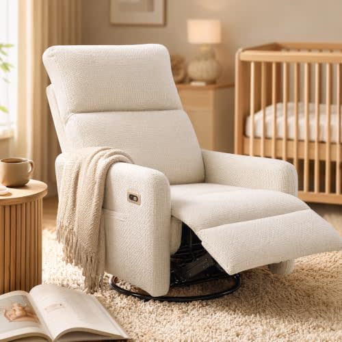 Havora Power Swivel Rocker Recliner Chair, Nursery & Living Room Comfort | Electric recline, smooth swivel rocking motion, USB charging, and supportive comfort for moms and families