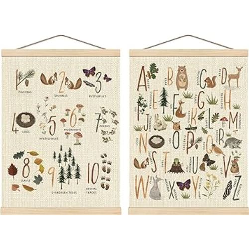 Boat Wades Numbers Animals Alphabet Poster Hanger Frame Set of 2, Forest Animal ABC 123 Educational Wall Art Hanging Banner Decor for Nursery Playroom Classroom Homeschool,12x16