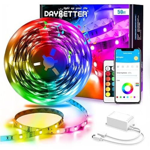 DAYBETTER Led Strip Lights Smart with App Control Remote, 5050 RGB for Bedroom, Music Sync Color Changing for Room Party 50ft