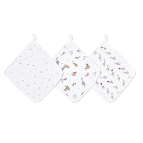 aden + anais Essentials Classic Washcloth Set, Super Soft 100% Cotton Muslin, 3-Pack, Elephant Circus