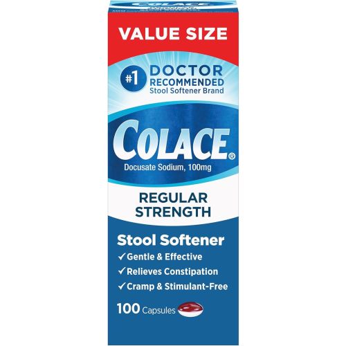 Colace Stool Softener 100 mg, 100 Capsules, Constipation Relief, Docusate Sodium, Gentle Docusate, Stimulant-Free, Regular Strength, #1 Doctor Recommended Stool Softener Brand