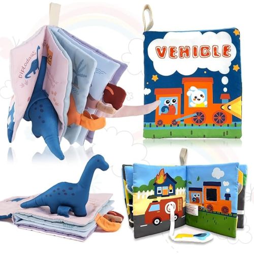 Baby Books Toys 0-6-12 Months, Baby Boy Gifts Touch and Feel Crinkle Books with Dino Doll, Newborn Infant Carseat Toys 6-9-12 Months Shower Gifts Easter Basket Stuffers