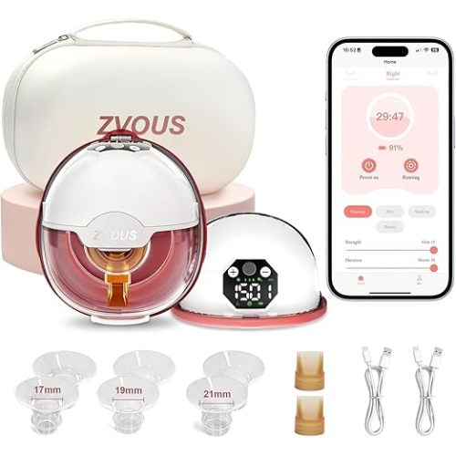 Hands Free Breast Pump Comfortable, Painless Strong Suction Power Rechargeable Electric Breast Pump Smart App Wearable Pump Leakproof 4 Modes Levels Wireless Pump for Driving Office Yoga Sleeping