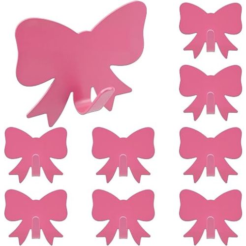 Bow Knot Wall Hooks, 8-Pack Cute Stainless Steel Decor Hangers, Bow Organizer for Girls, Sturdy Adhesive Hook for Hanging Keys, Bags, Hats, Towels, Clothes (Pink)