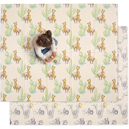 JumpOff Jo Foldable Foam Play Mat – Large Waterproof Baby & Toddler Activity Floor Mat, Double-Sided 70 x 59 Inch Play Surface - Llama & Koala