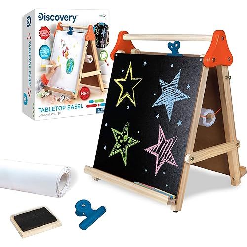 Discovery™ 3-in-1 Tabletop Dry Erase Chalkboard Painting Art Easel, Includes Paper Roll and Oversized Clip, 17 x 15 Inch Wood Frame, Perfect for Children 3+ | Foldable/Portable for Countertop Play