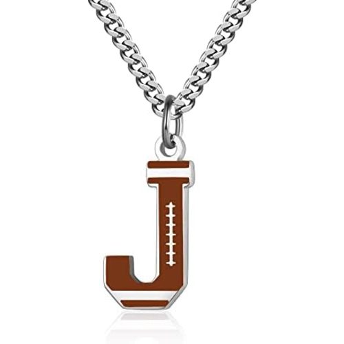 AIAINAGI Football Initial A-Z Letter Necklace for Men Football Charm Pendant Stainless Steel Silver Chain 22inch Personalized Football Gift for Men