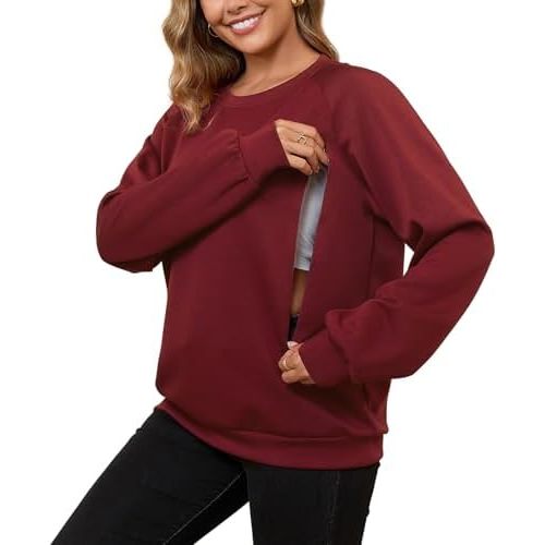 DEBELLY Nursing Friendly Sweatshirt for Breastfeeding Women Dual Zippers Nursing Top Long Sleeve Crew Neck Casual Wear