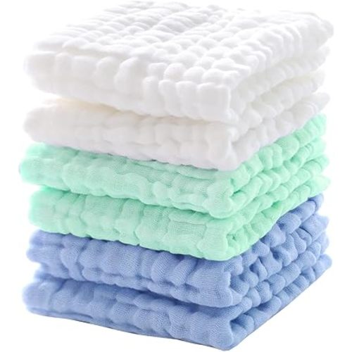 Baby Washcloths, Soft Muslin Cotton, 6 Pack, White Mint Blue