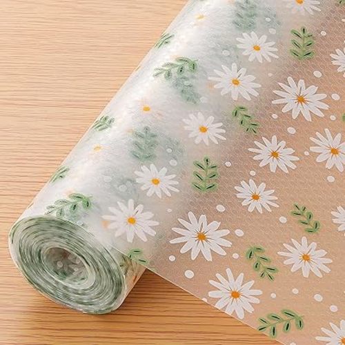 INNOLITES Shelf Liner for Cabinets, Non-Adhesive for Kitchen Drawer Liner, Waterproof Shelf Paper with Floral Pattern, Durable Easy to Clean (Green Daisy, 17.7" x 78.7")